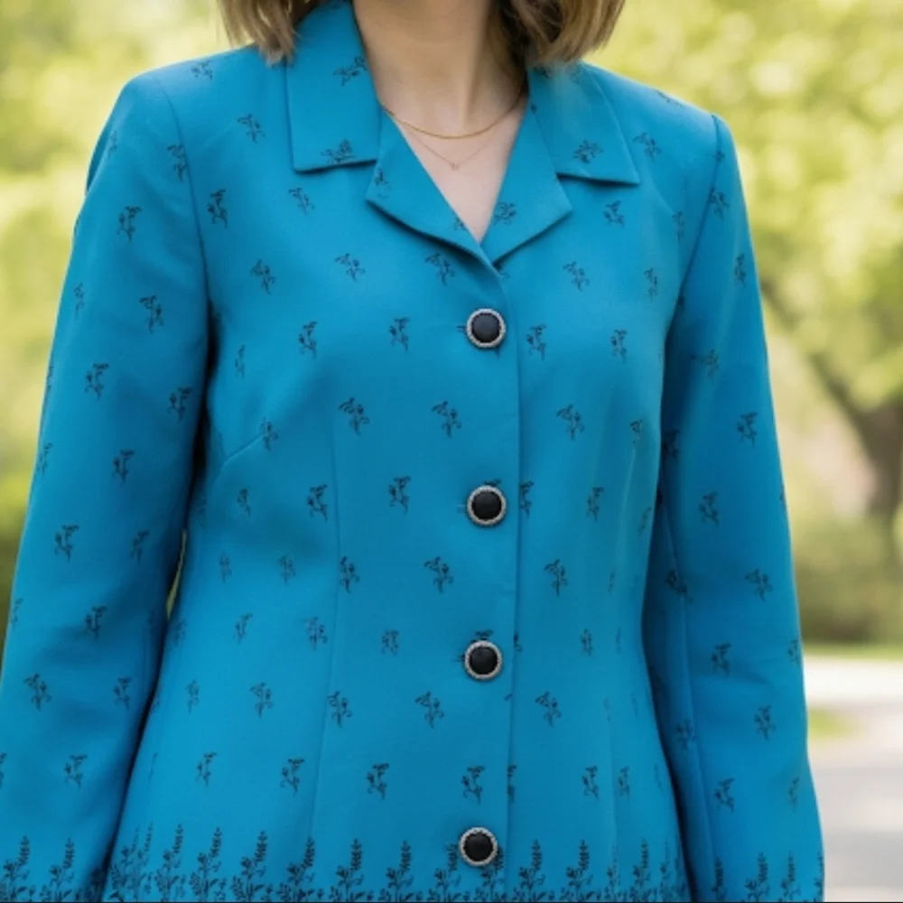 Leslie Fay Teal Blazer, Small Floral Prints, 16, GUC✔️